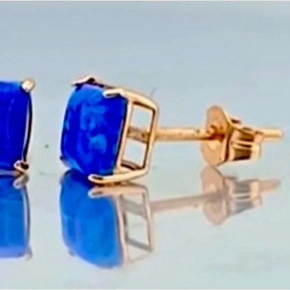 14K solid Rose Gold Genuine .98ctsBlue Opal Princess Cut Stud Earrings - Picture 7 of 12